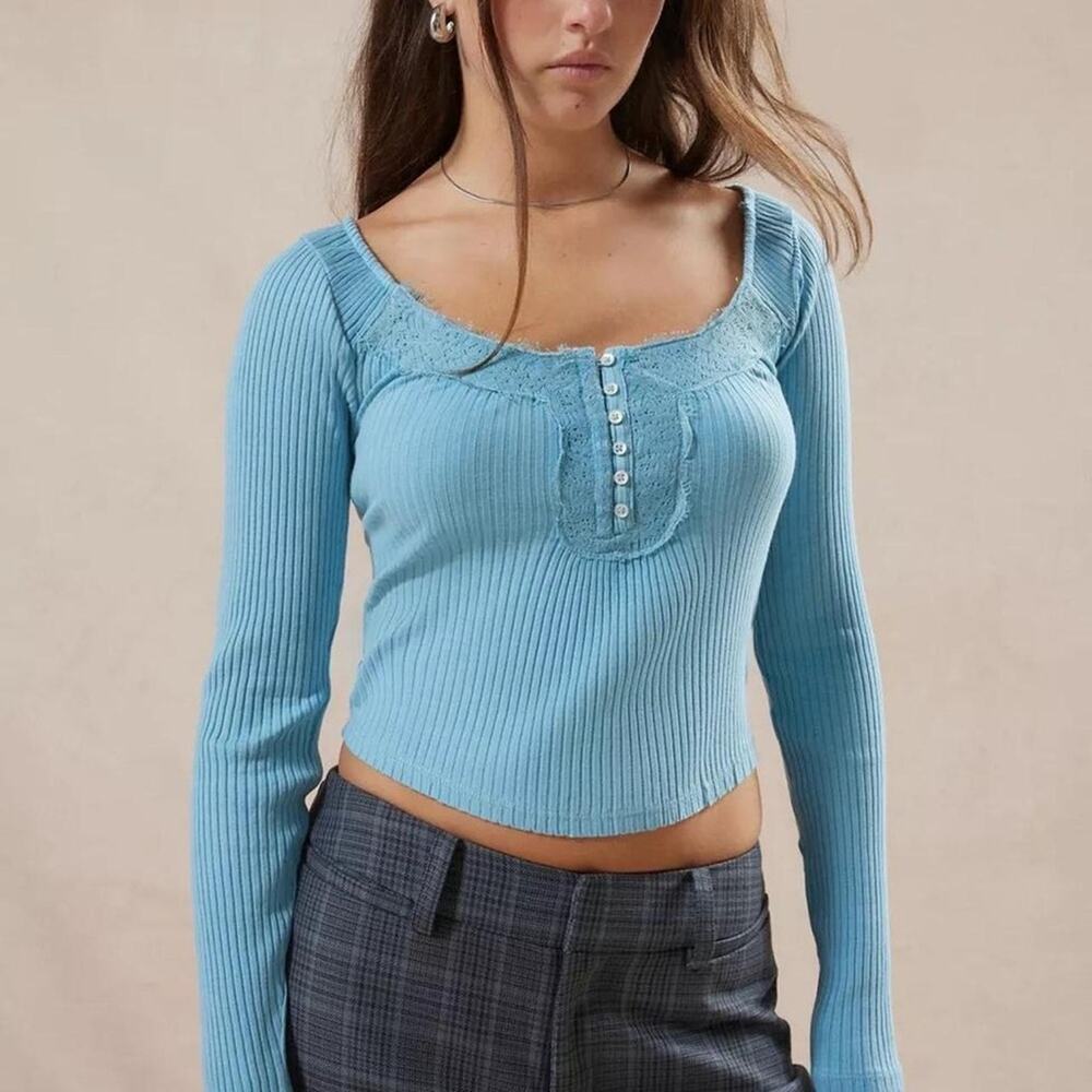 Urban Outfitters Kimchi Blue Lace Button Front Ribbed Long Sleeve Top Small